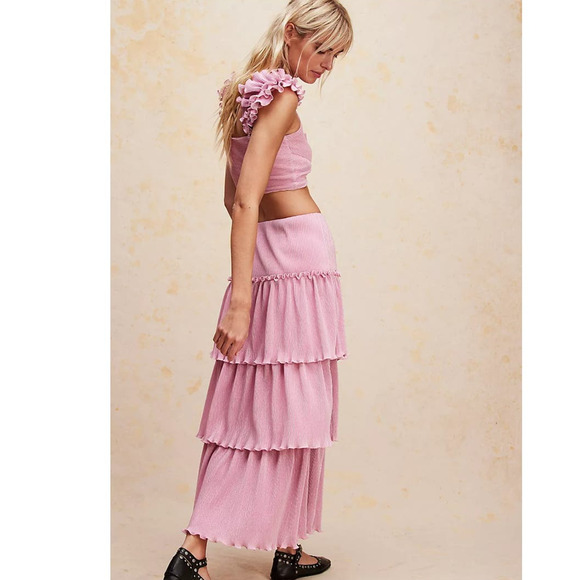 New Free People Saylor Gianna Midi Skirt Set $308 X-SMALL Pink Metallic Crop Top - Picture 4 of 5